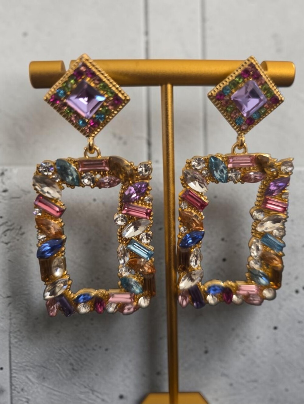 Natasha Couture NWT  Gold Multi-Colored Crystal Rectangular Drop Earrings - Picture 2 of 3